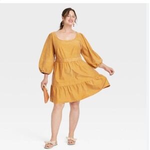 Ava & Viv Womens Plus Size 2X Balloon Sleeve Tiered A-Line Dress Mustard
